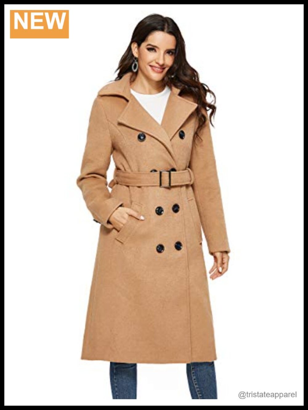 Escalier Wool Blend Pea Coat Long Trench with Belt Double Breasted